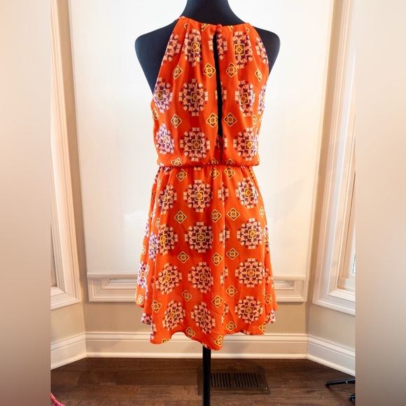 LUSH Orange Boho Halter Mini Dress – Medallion Print Open Back Festival S - Picture 4 of 8
